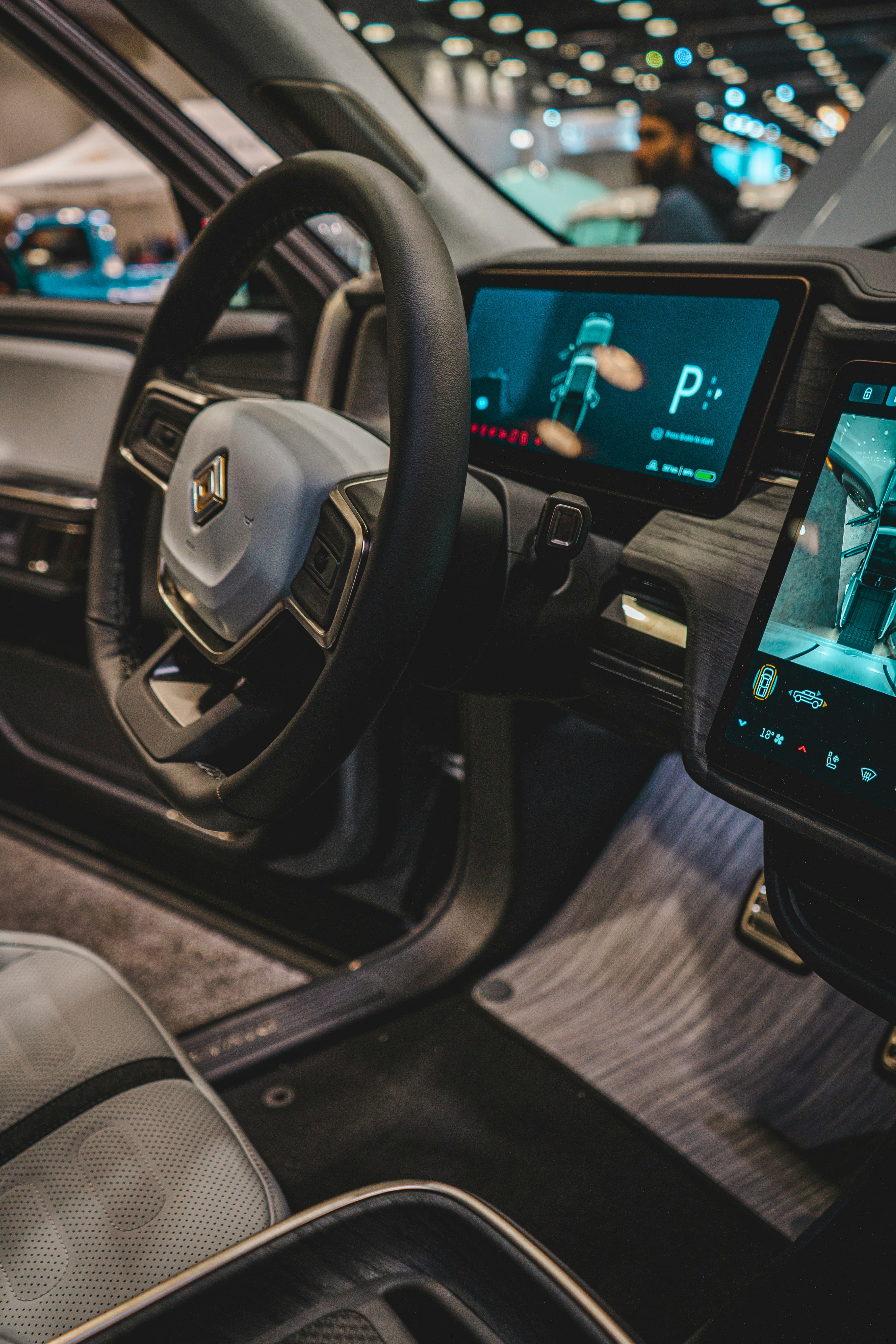 Interior of Rivian R1S showing the dashboard and steering wheel